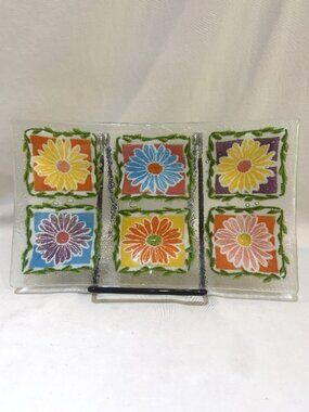 Peggy Karr Signed Fused Art Glass Rectangle Tray Platter Daisy Floral Panels